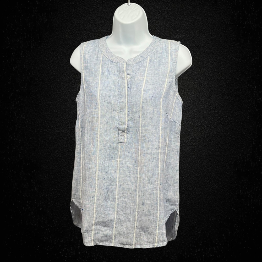 Ellen Tracy Linen Tank Top Womens Small Blue White Striped Sleeveless